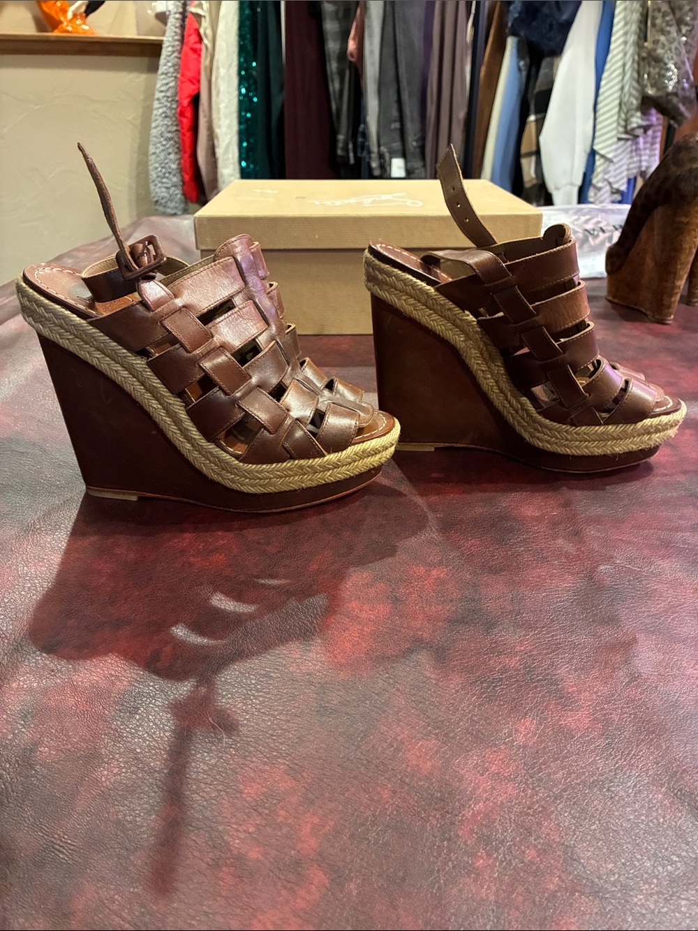 Christian Louboutin Brown Woven Leather Espadrille Wedge Mules